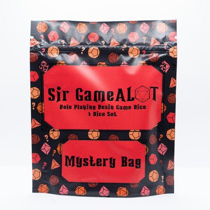 mystery resin dungeons and dragons (aka dnd or d&d) game dice set, including a d20, d12, d10, d8, d6, and d4