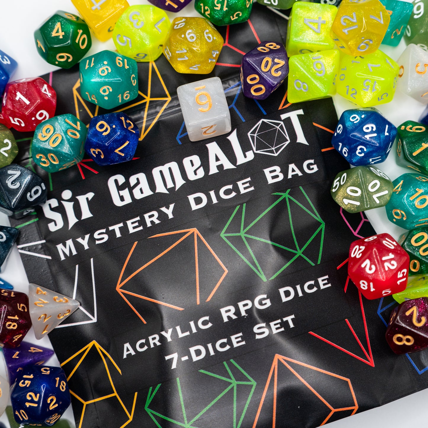 mystery resin dungeons and dragons (aka dnd or d&d) game dice set, including a d20, d12, d10, d8, d6, and d4