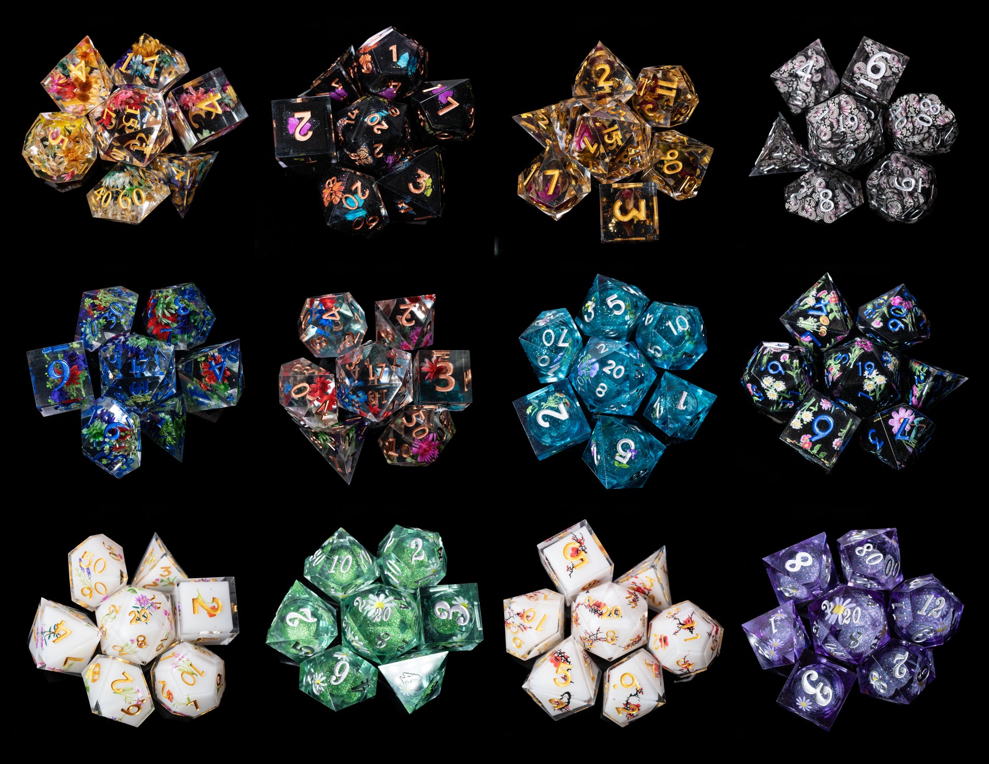 mystery sharp edge resin flowers and butterflies dungeons and dragons (aka dnd or d&d) game dice set, including a d20, d12, d10, d8, d6, and d4
