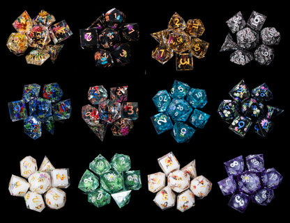 mystery sharp edge resin flowers and butterflies dungeons and dragons (aka dnd or d&d) game dice set, including a d20, d12, d10, d8, d6, and d4
