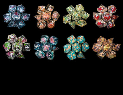mystery sharp edge resin flowers and butterflies dungeons and dragons (aka dnd or d&d) game dice set, including a d20, d12, d10, d8, d6, and d4