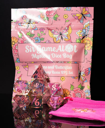 mystery sharp edge resin flowers and butterflies dungeons and dragons (aka dnd or d&d) game dice set, including a d20, d12, d10, d8, d6, and d4