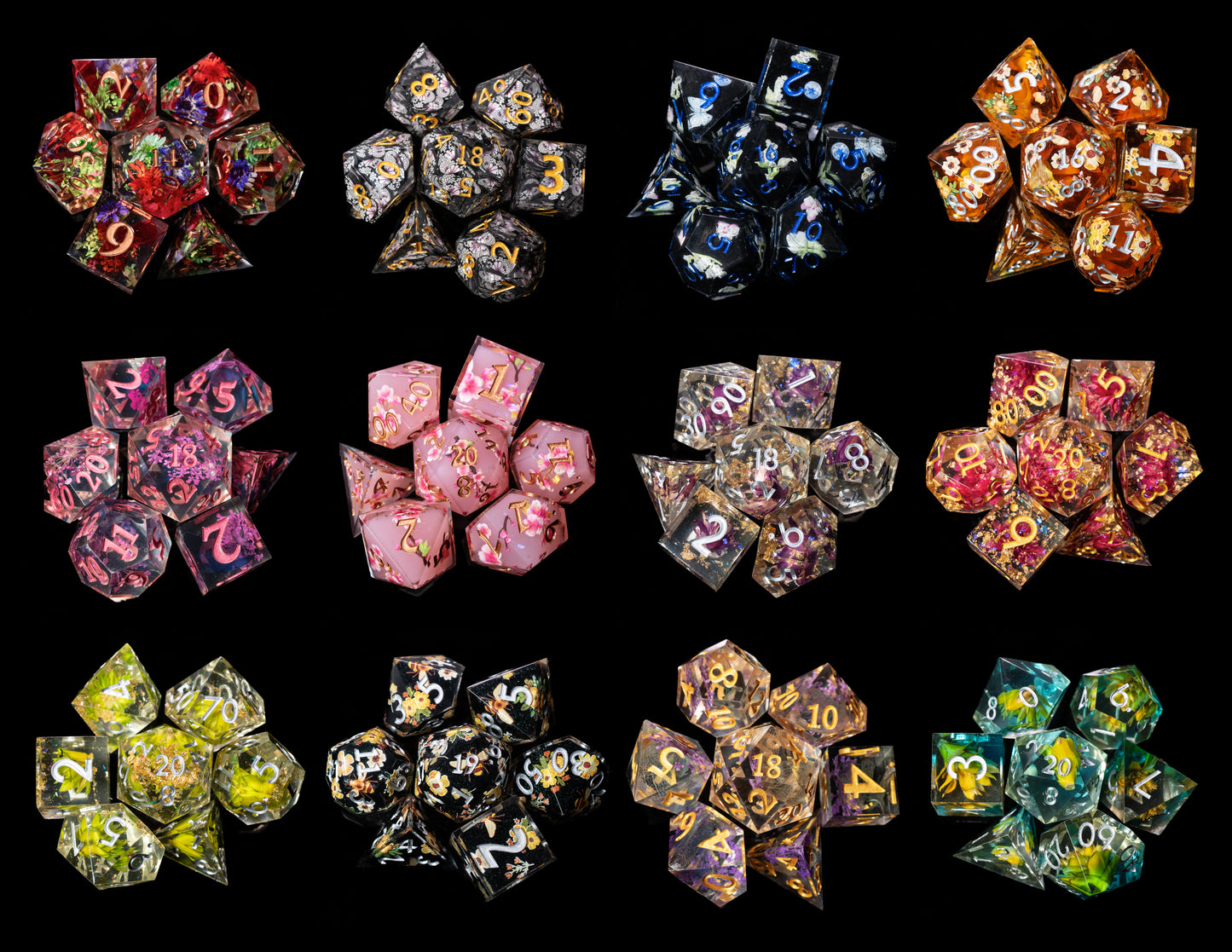mystery sharp edge resin flowers and butterflies dungeons and dragons (aka dnd or d&d) game dice set, including a d20, d12, d10, d8, d6, and d4