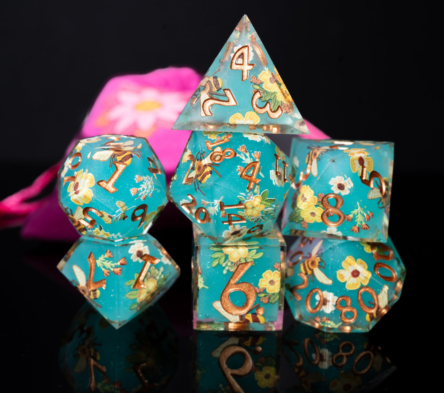 mystery sharp edge resin flowers and butterflies dungeons and dragons (aka dnd or d&d) game dice set, including a d20, d12, d10, d8, d6, and d4