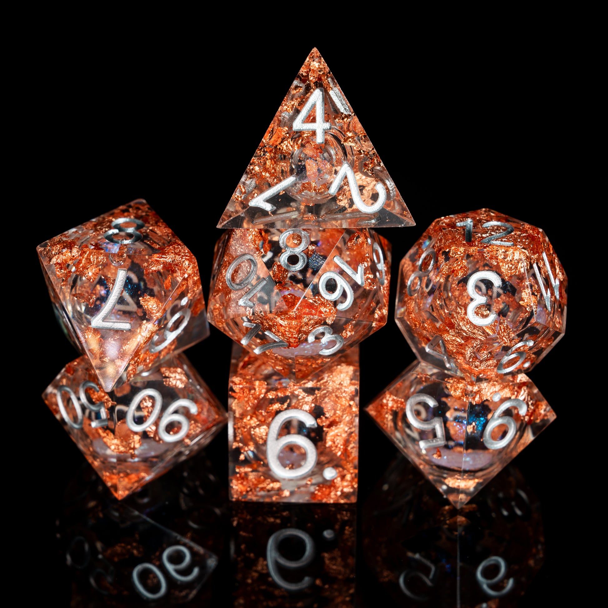 mystery sharp edge resin dungeons and dragons (aka dnd or d&d) game dice set, including a d20, d12, d10, d8, d6, and d4
