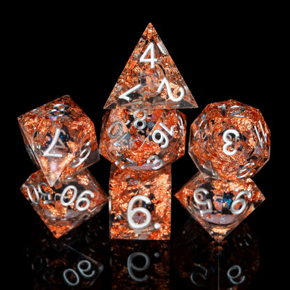 mystery sharp edge resin dungeons and dragons (aka dnd or d&d) game dice set, including a d20, d12, d10, d8, d6, and d4

