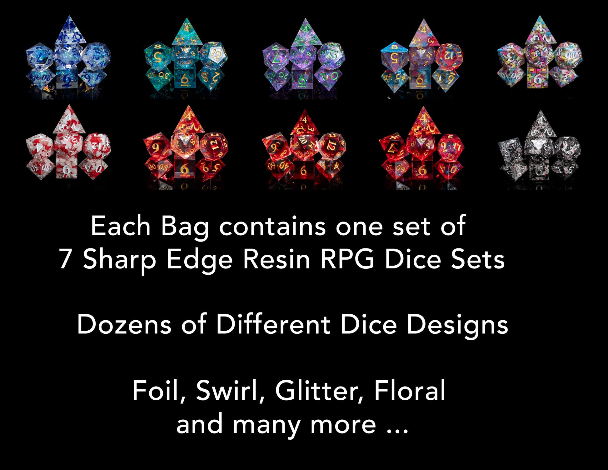 mystery sharp edge resin dungeons and dragons (aka dnd or d&d) game dice set, including a d20, d12, d10, d8, d6, and d4
