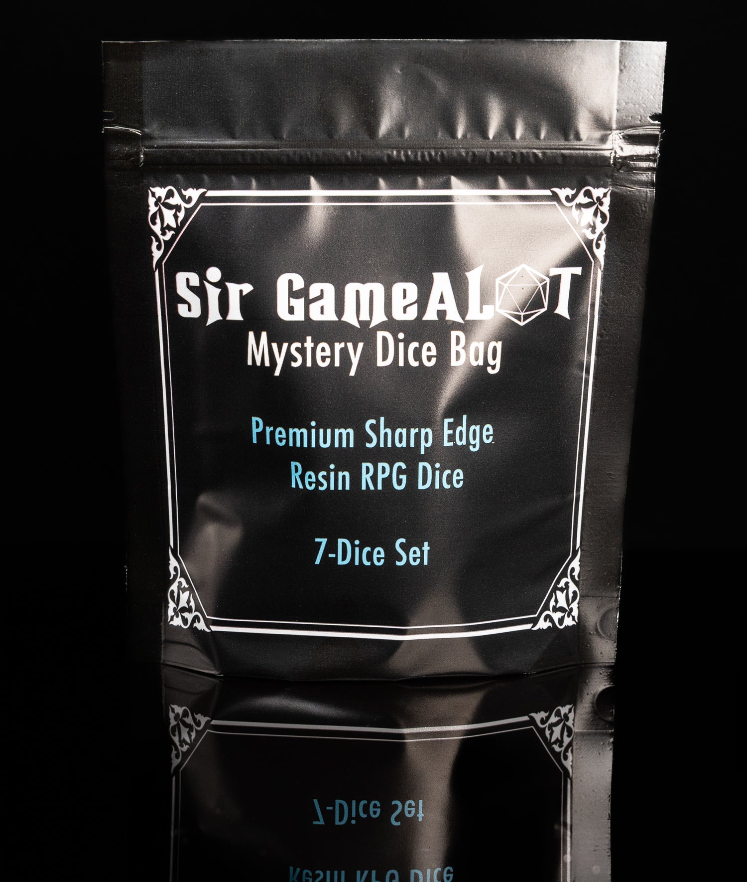 mystery sharp edge resin dungeons and dragons (aka dnd or d&d) game dice set, including a d20, d12, d10, d8, d6, and d4