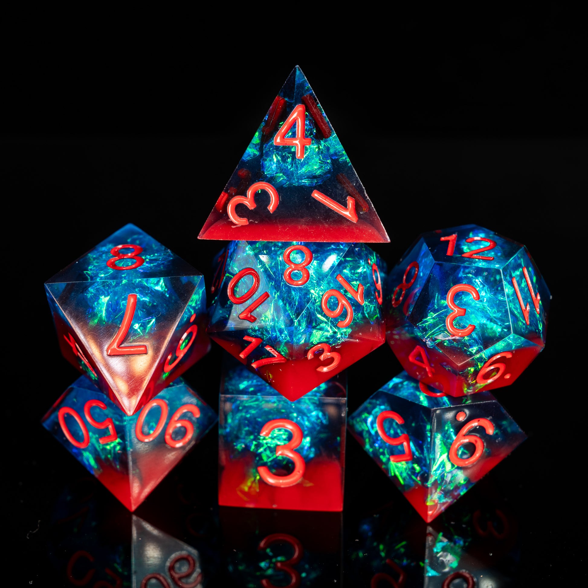 mystery sharp edge resin dungeons and dragons (aka dnd or d&d) game dice set, including a d20, d12, d10, d8, d6, and d4
