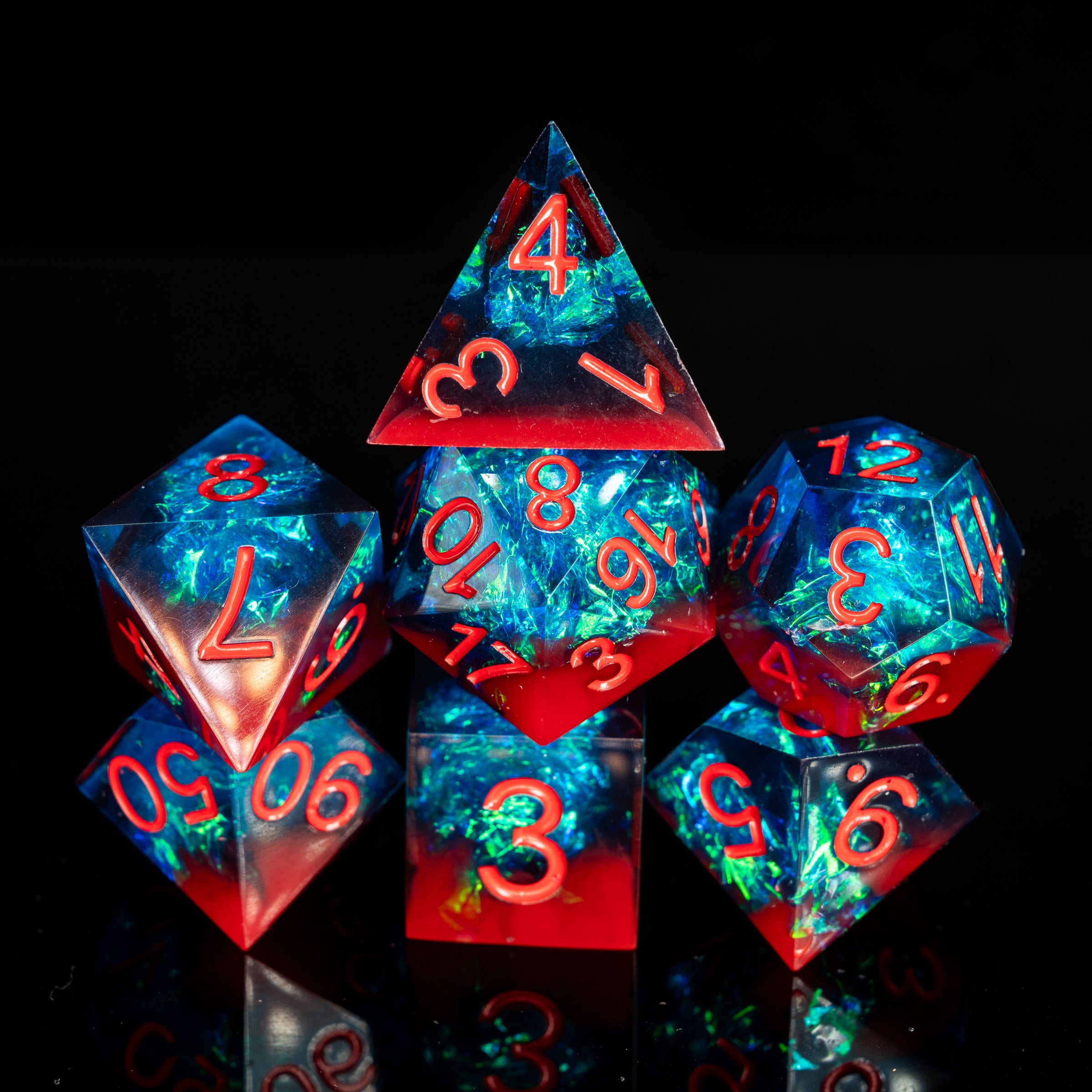 mystery sharp edge resin dungeons and dragons (aka dnd or d&d) game dice set, including a d20, d12, d10, d8, d6, and d4