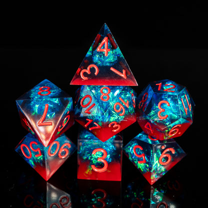 mystery sharp edge resin dungeons and dragons (aka dnd or d&d) game dice set, including a d20, d12, d10, d8, d6, and d4