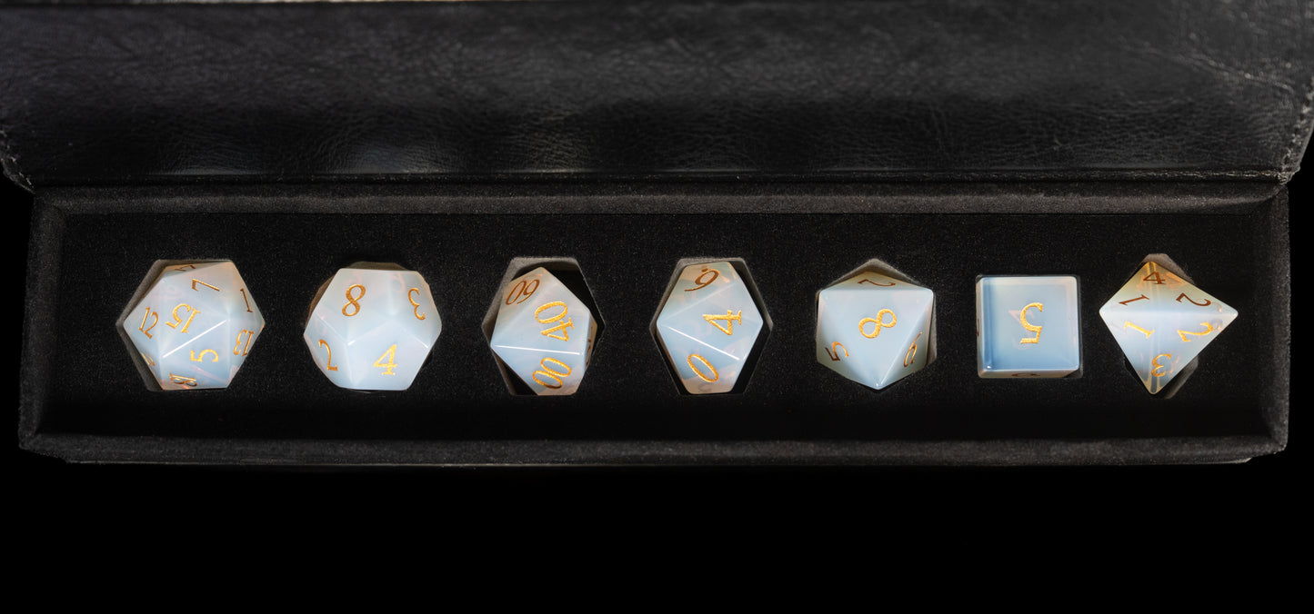 opalite gemstone dnd dice set in leather case