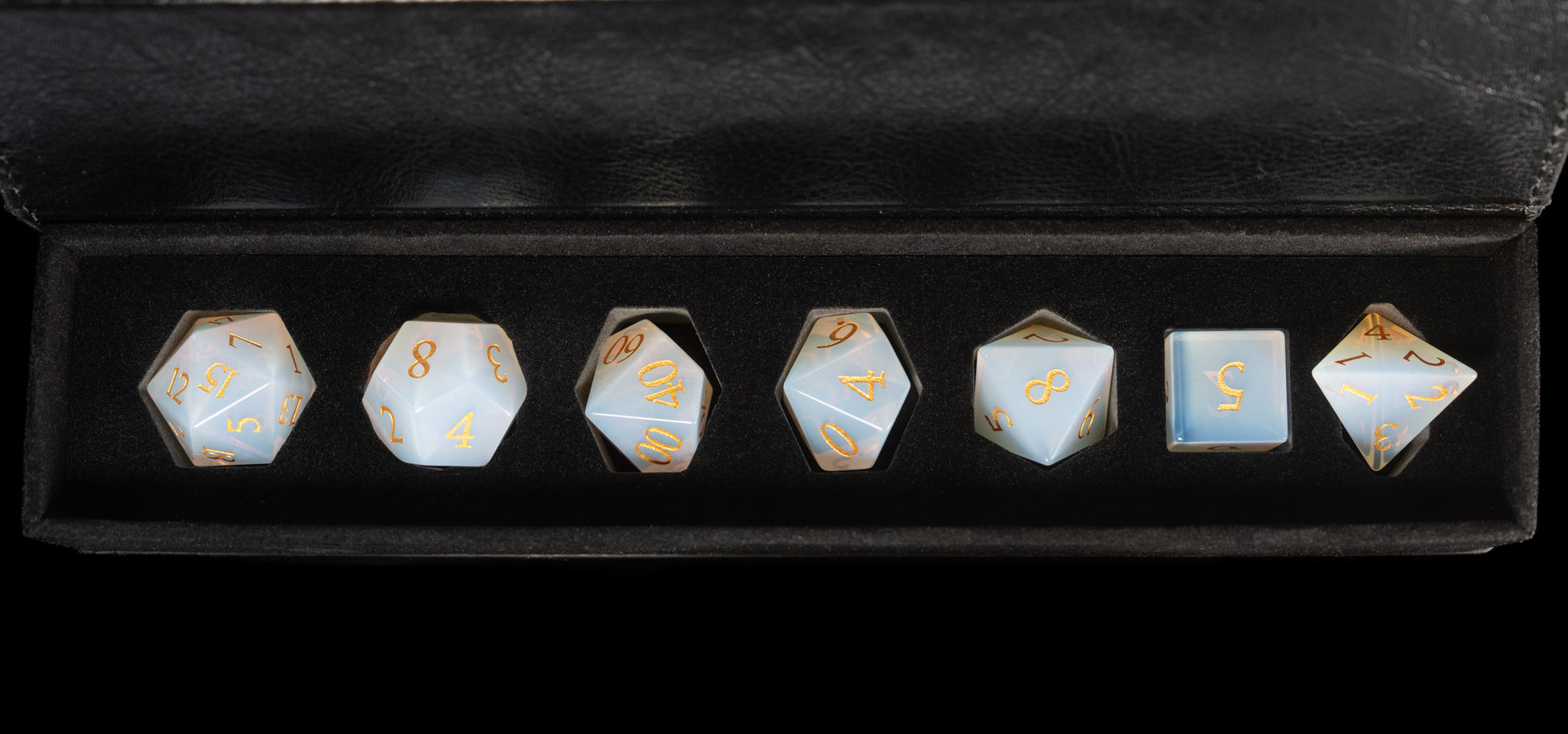 opalite gemstone dnd dice set in leather case