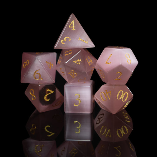 pink cat's eye gemstone dnd dice set