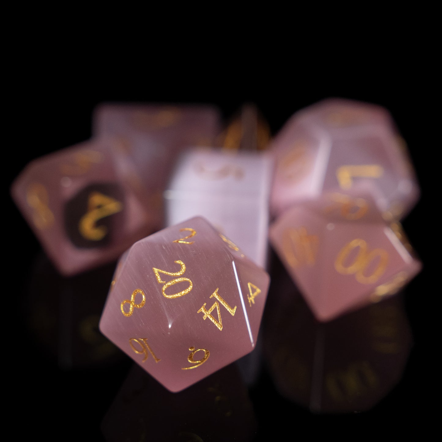 pink cat's eye gemstone dnd dice set