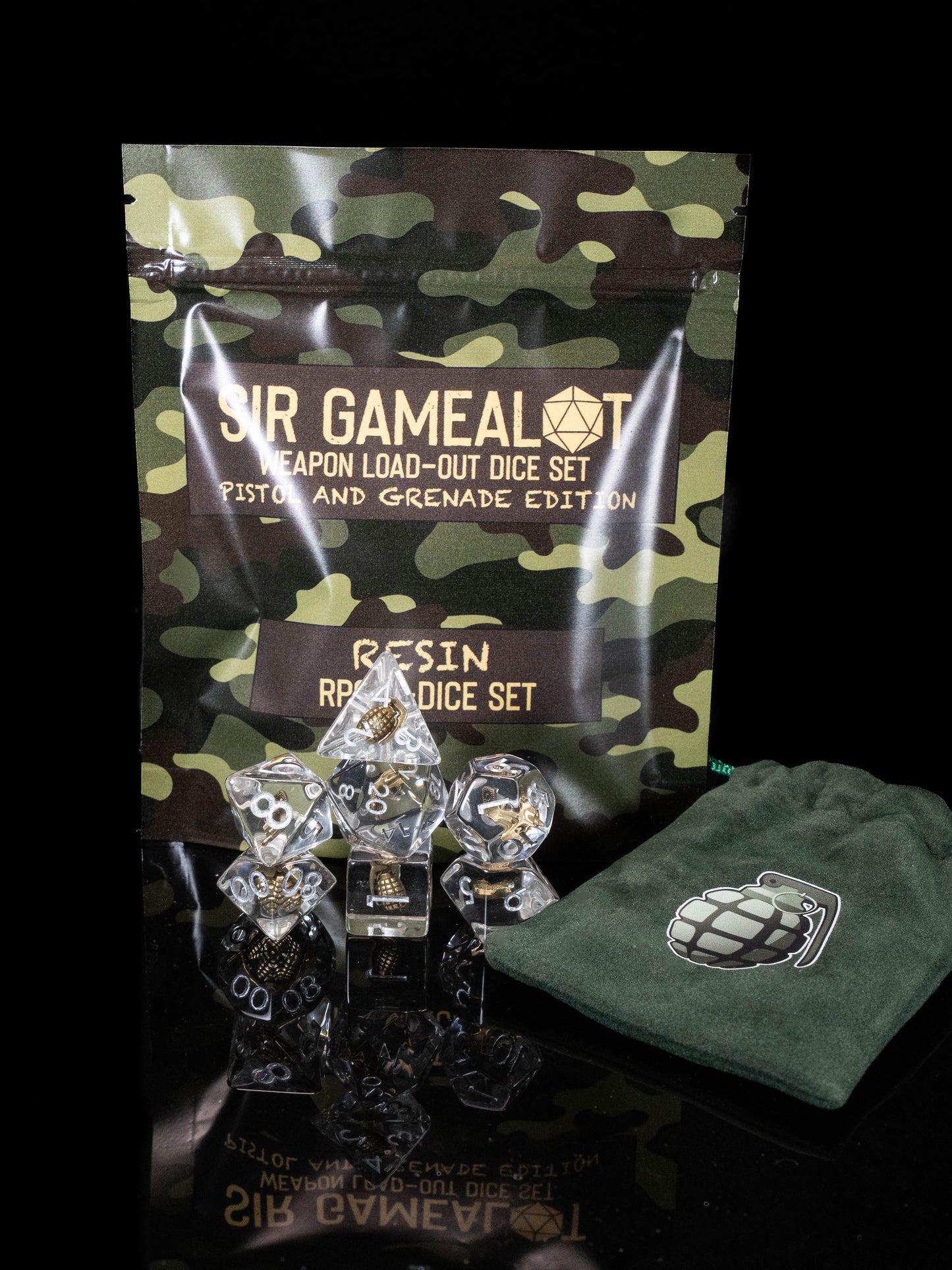 Funny Weapon Loadout DND Dice Set – 7 Piece Clear Resin Polyhedral RPG Dice with Embedded Golden Grenades & Pistols, Grenade Velvet Dice Bag | Novelty TTRPG Dice for Pathfinder, Gamers & Collectors