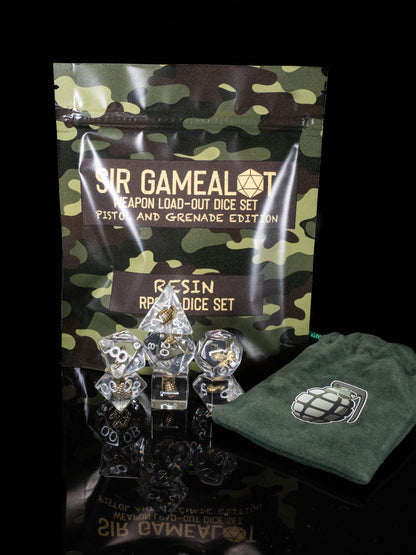 Funny Weapon Loadout DND Dice Set – 7 Piece Clear Resin Polyhedral RPG Dice with Embedded Golden Grenades & Pistols, Grenade Velvet Dice Bag | Novelty TTRPG Dice for Pathfinder, Gamers & Collectors