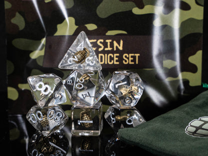 Funny Weapon Loadout DND Dice Set – 7 Piece Clear Resin Polyhedral RPG Dice with Embedded Golden Grenades & Pistols, Grenade Velvet Dice Bag | Novelty TTRPG Dice for Pathfinder, Gamers & Collectors