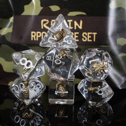 Funny Weapon Loadout DND Dice Set – 7 Piece Clear Resin Polyhedral RPG Dice with Embedded Golden Grenades & Pistols, Grenade Velvet Dice Bag | Novelty TTRPG Dice for Pathfinder, Gamers & Collectors