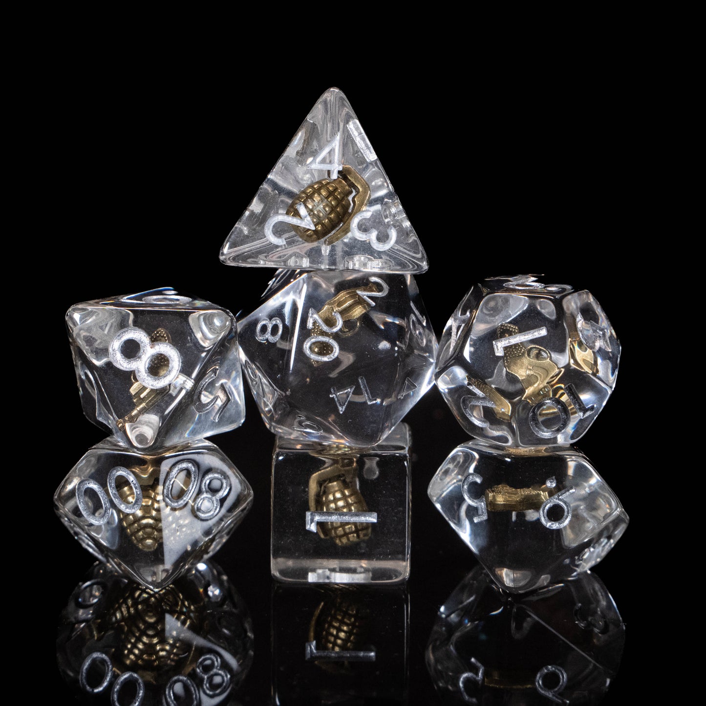 Funny Weapon Loadout DND Dice Set – 7 Piece Clear Resin Polyhedral RPG Dice with Embedded Golden Grenades & Pistols, Grenade Velvet Dice Bag | Novelty TTRPG Dice for Pathfinder, Gamers & Collectors