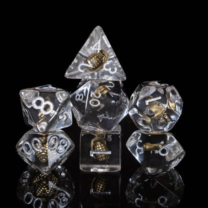 Funny Weapon Loadout DND Dice Set – 7 Piece Clear Resin Polyhedral RPG Dice with Embedded Golden Grenades & Pistols, Grenade Velvet Dice Bag | Novelty TTRPG Dice for Pathfinder, Gamers & Collectors