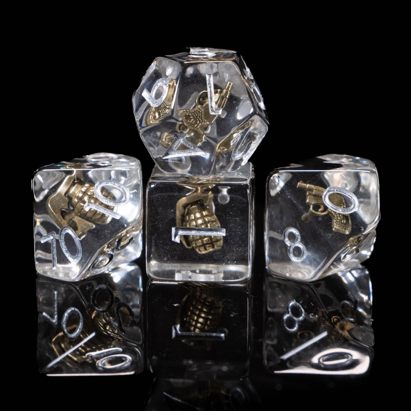 Funny Weapon Loadout DND Dice Set – 7 Piece Clear Resin Polyhedral RPG Dice with Embedded Golden Grenades & Pistols, Grenade Velvet Dice Bag | Novelty TTRPG Dice for Pathfinder, Gamers & Collectors