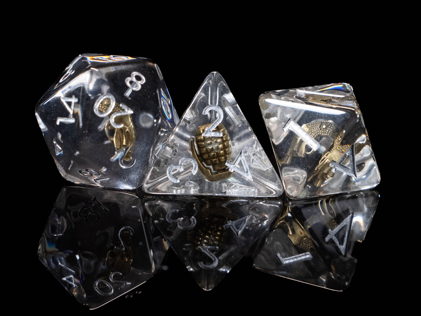 Funny Weapon Loadout DND Dice Set – 7 Piece Clear Resin Polyhedral RPG Dice with Embedded Golden Grenades & Pistols, Grenade Velvet Dice Bag | Novelty TTRPG Dice for Pathfinder, Gamers & Collectors