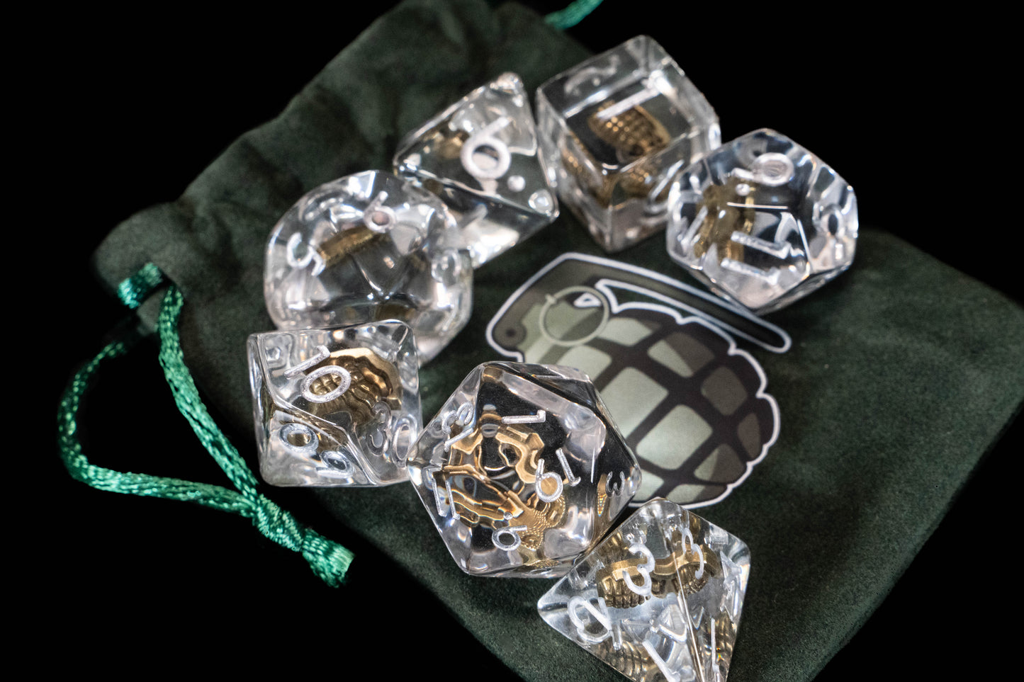 Funny Weapon Loadout DND Dice Set – 7 Piece Clear Resin Polyhedral RPG Dice with Embedded Golden Grenades & Pistols, Grenade Velvet Dice Bag | Novelty TTRPG Dice for Pathfinder, Gamers & Collectors