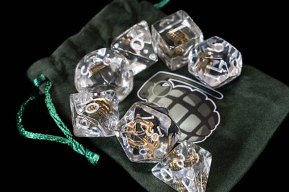 Funny Weapon Loadout DND Dice Set – 7 Piece Clear Resin Polyhedral RPG Dice with Embedded Golden Grenades & Pistols, Grenade Velvet Dice Bag | Novelty TTRPG Dice for Pathfinder, Gamers & Collectors