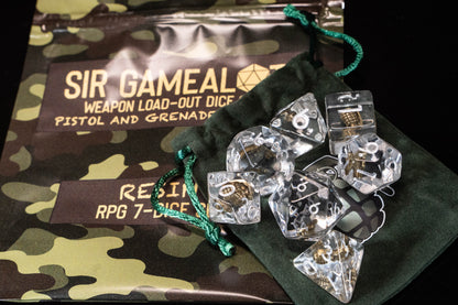 Funny Weapon Loadout DND Dice Set – 7 Piece Clear Resin Polyhedral RPG Dice with Embedded Golden Grenades & Pistols, Grenade Velvet Dice Bag | Novelty TTRPG Dice for Pathfinder, Gamers & Collectors