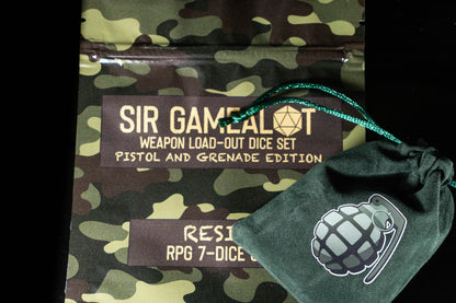 Funny Weapon Loadout DND Dice Set – 7 Piece Clear Resin Polyhedral RPG Dice with Embedded Golden Grenades & Pistols, Grenade Velvet Dice Bag | Novelty TTRPG Dice for Pathfinder, Gamers & Collectors