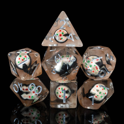 Pizza Lover DND Dice Set – 7 Piece Clear Resin Polyhedral RPG Dice with Embedded Mini Pizza Designs & Pizza Velvet Dice Bag | Funny Food Themed TTRPG Dice for Pathfinder & Fantasy Gamers