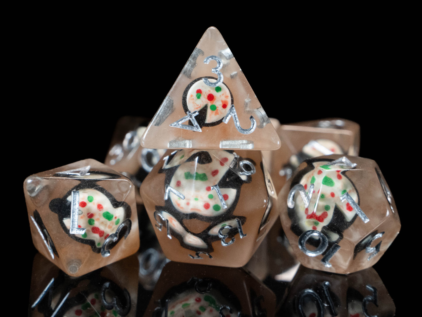 Pizza Lover DND Dice Set – 7 Piece Clear Resin Polyhedral RPG Dice with Embedded Mini Pizza Designs & Pizza Velvet Dice Bag | Funny Food Themed TTRPG Dice for Pathfinder & Fantasy Gamers