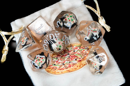 Pizza Lover DND Dice Set – 7 Piece Clear Resin Polyhedral RPG Dice with Embedded Mini Pizza Designs & Pizza Velvet Dice Bag | Funny Food Themed TTRPG Dice for Pathfinder & Fantasy Gamers