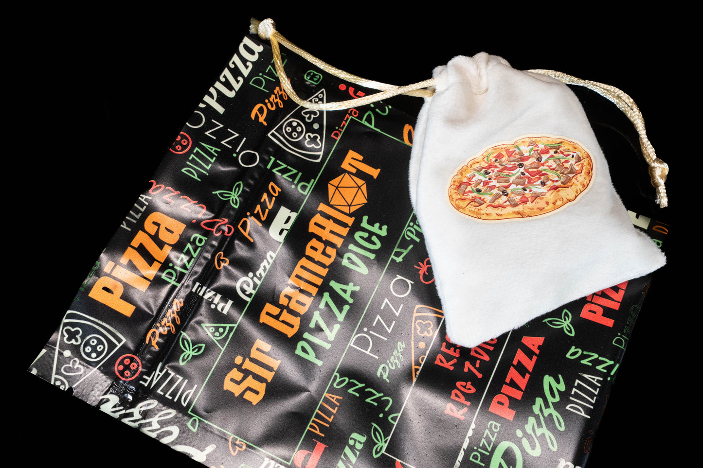 Pizza Lover DND Dice Set – 7 Piece Clear Resin Polyhedral RPG Dice with Embedded Mini Pizza Designs & Pizza Velvet Dice Bag | Funny Food Themed TTRPG Dice for Pathfinder & Fantasy Gamers