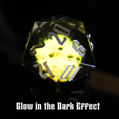 Giant d20 Skull Gaming Die | 55mm Clear Resin Polyhedral RPG Die with Silver Numbering | Sir GameAlot | Glow in the Dark | Spindown Die
