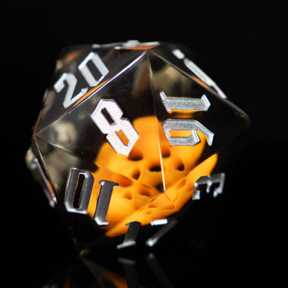 Giant d20 Skull Gaming Die | 55mm Clear Resin Polyhedral RPG Die with Silver Numbering | Sir GameAlot | Glow in the Dark | Spindown Die