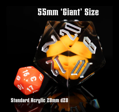 Giant d20 Skull Gaming Die | 55mm Clear Resin Polyhedral RPG Die with Silver Numbering | Sir GameAlot | Glow in the Dark | Spindown Die