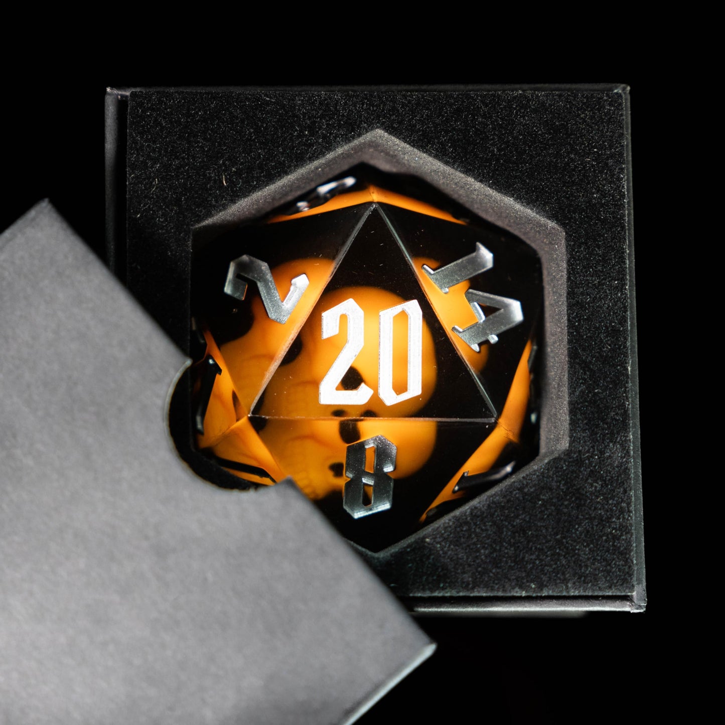 Giant d20 Skull Gaming Die | 55mm Clear Resin Polyhedral RPG Die with Silver Numbering | Sir GameAlot | Glow in the Dark | Spindown Die