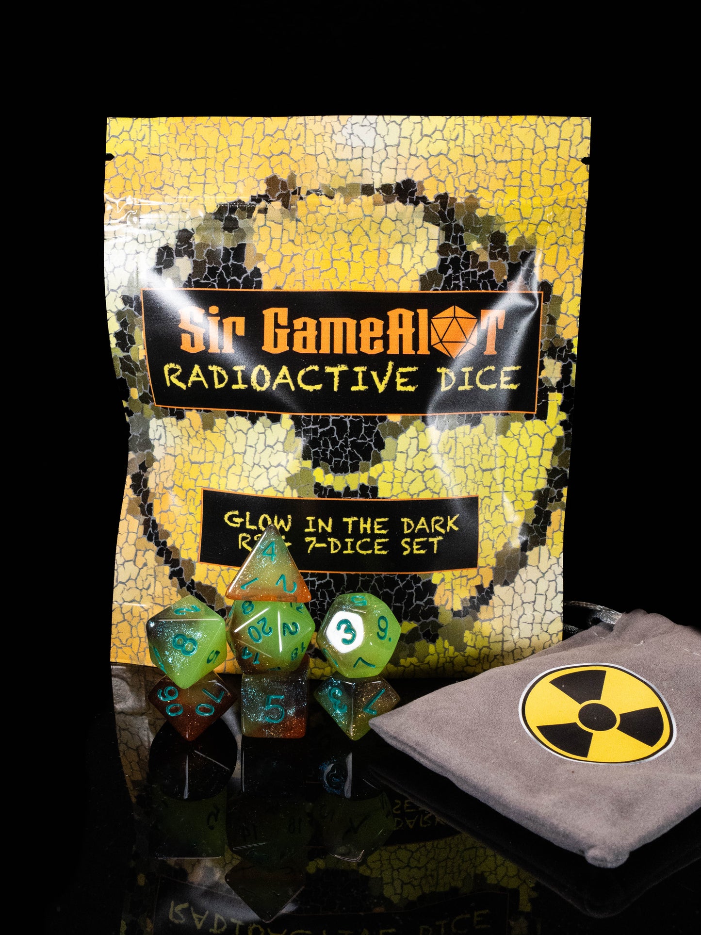 Radioactive DND Dice Set – 7 Piece Glow in the Dark Acrylic Polyhedral RPG Dice with Toxic Green & Red Swirl Design and Radioactive Velvet Dice Bag | Nuclear Themed TTRPG Dice for Pathfinder, Mutants & Gamers