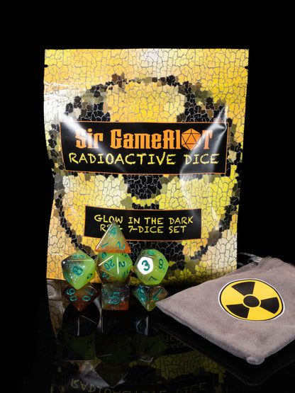 Radioactive DND Dice Set – 7 Piece Glow in the Dark Acrylic Polyhedral RPG Dice with Toxic Green & Red Swirl Design and Radioactive Velvet Dice Bag | Nuclear Themed TTRPG Dice for Pathfinder, Mutants & Gamers