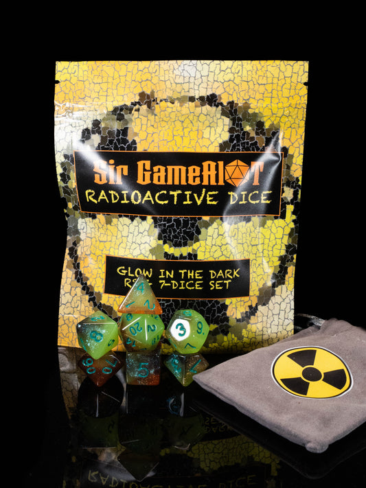 Radioactive DND Dice Set – 7 Piece Glow in the Dark Acrylic Polyhedral RPG Dice with Toxic Green & Red Swirl Design and Radioactive Velvet Dice Bag | Nuclear Themed TTRPG Dice for Pathfinder, Mutants & Gamers
