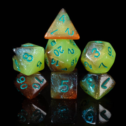 Radioactive DND Dice Set – 7 Piece Glow in the Dark Acrylic Polyhedral RPG Dice with Toxic Green & Red Swirl Design and Radioactive Velvet Dice Bag | Nuclear Themed TTRPG Dice for Pathfinder, Mutants & Gamers