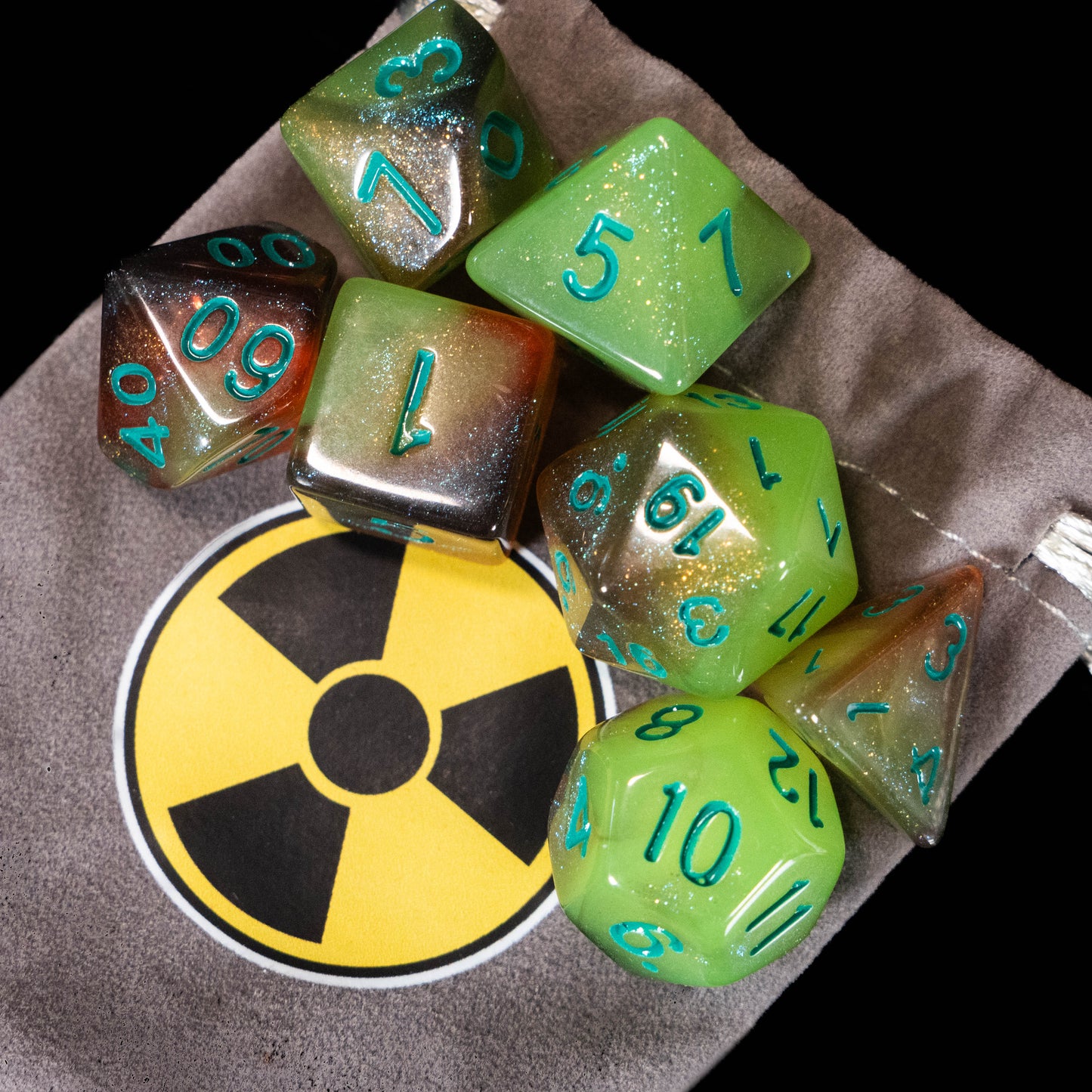 Radioactive DND Dice Set – 7 Piece Glow in the Dark Acrylic Polyhedral RPG Dice with Toxic Green & Red Swirl Design and Radioactive Velvet Dice Bag | Nuclear Themed TTRPG Dice for Pathfinder, Mutants & Gamers