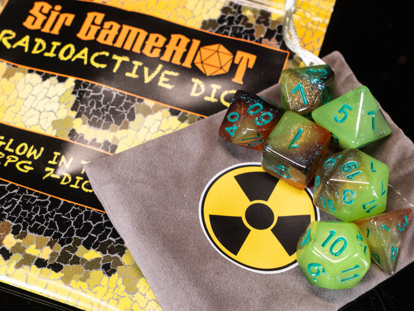 Radioactive DND Dice Set – 7 Piece Glow in the Dark Acrylic Polyhedral RPG Dice with Toxic Green & Red Swirl Design and Radioactive Velvet Dice Bag | Nuclear Themed TTRPG Dice for Pathfinder, Mutants & Gamers