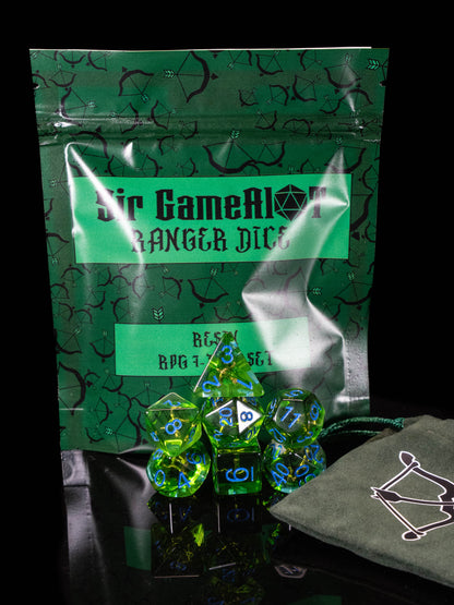 Ranger DND Dice Set – 7 Piece Green Resin Polyhedral RPG Dice with Embedded Bow & Arrow Designs & Ranger Velvet Dice Bag | Fantasy Tabletop Dice for Pathfinder, TTRPG Players, Archers & Nature Characters