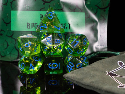 Ranger DND Dice Set – 7 Piece Green Resin Polyhedral RPG Dice with Embedded Bow & Arrow Designs & Ranger Velvet Dice Bag | Fantasy Tabletop Dice for Pathfinder, TTRPG Players, Archers & Nature Characters