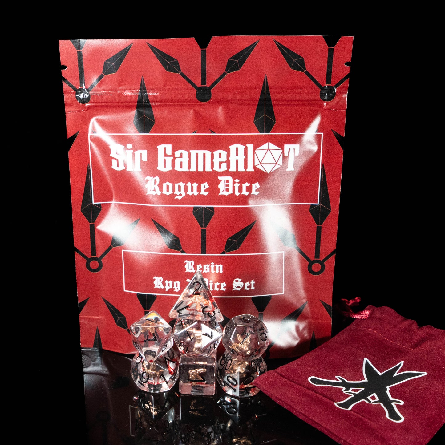 Rogue DND Dice Set – 7 Piece Red Resin Polyhedral RPG Dice with Embedded Throwing Knife Designs & Rogue Velvet Dice Bag | Fantasy TTRPG Dice for Pathfinder, Assassins, Thieves & Stealth Characters