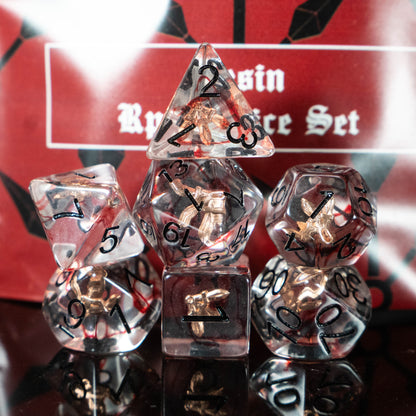 Rogue DND Dice Set – 7 Piece Red Resin Polyhedral RPG Dice with Embedded Throwing Knife Designs & Rogue Velvet Dice Bag | Fantasy TTRPG Dice for Pathfinder, Assassins, Thieves & Stealth Characters