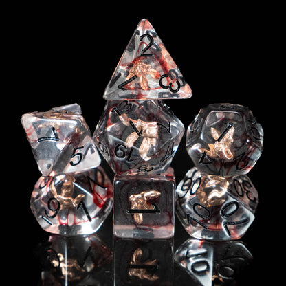 Rogue DND Dice Set – 7 Piece Red Resin Polyhedral RPG Dice with Embedded Throwing Knife Designs & Rogue Velvet Dice Bag | Fantasy TTRPG Dice for Pathfinder, Assassins, Thieves & Stealth Characters